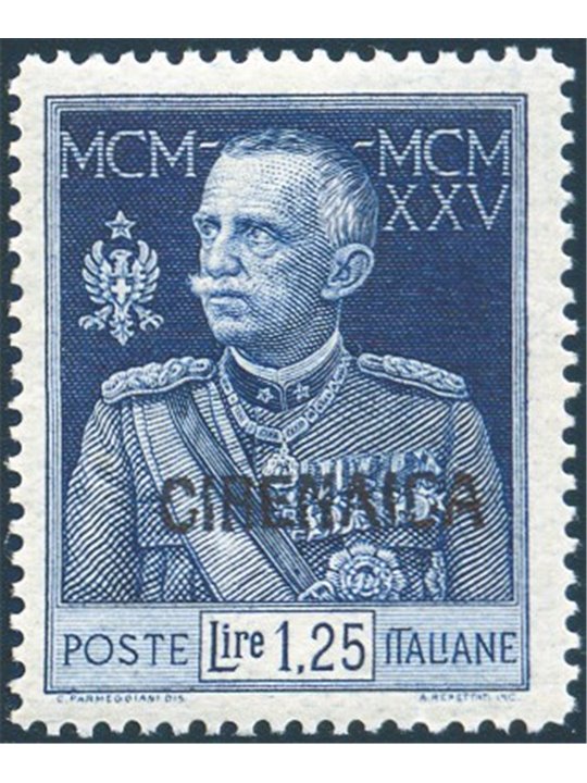 Cirenaica 1926 Giubileo 1,25 £ dent. 13½ n° 26 con ottima centratura Cert. Biondi Cat. € 4.500 (**)