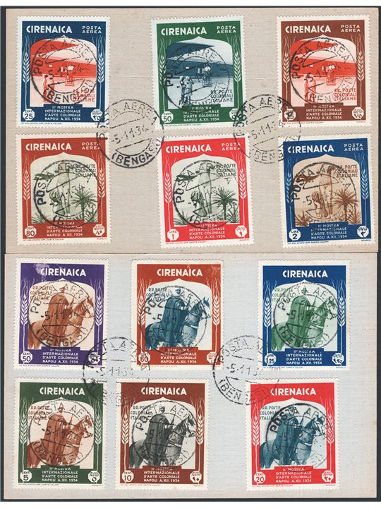 Cyrenaica 1934 Colonial Exhibition on two envelopes series no. 93/98 + P.A. 24/29 Cat. € 400 (U)