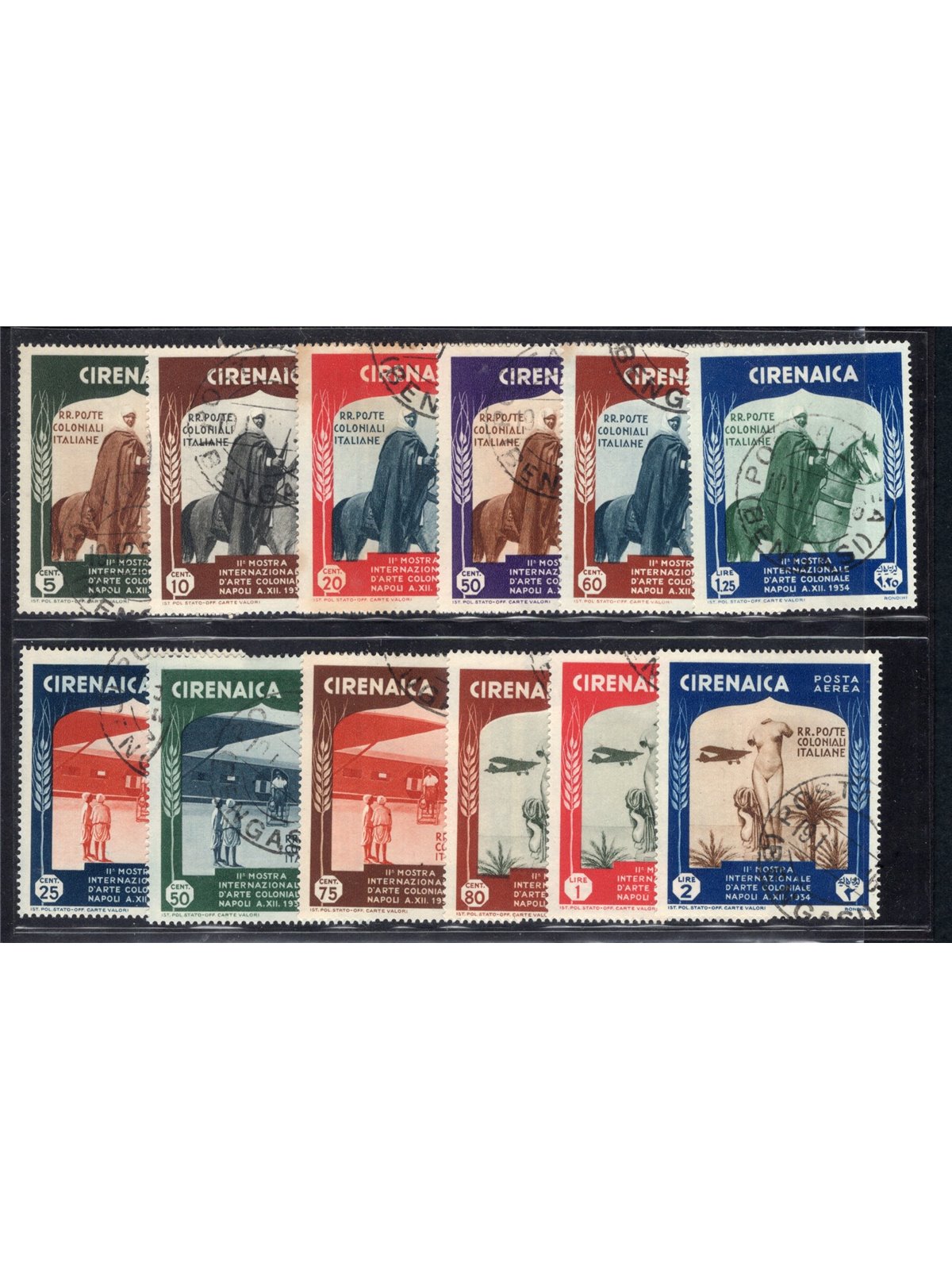 Cyrenaica 1934 Colonial Exhibition with barely legible cancellations series no. 93/98 + P.A. 24/29 Cat. €400 (U)