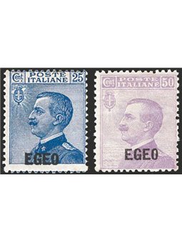 Egeo 1912 Michetti 25 c. azzurro e 50 c. violetto soprast. serie n° 1/2 Cert. CiBaFil Cat. € 700 (**)