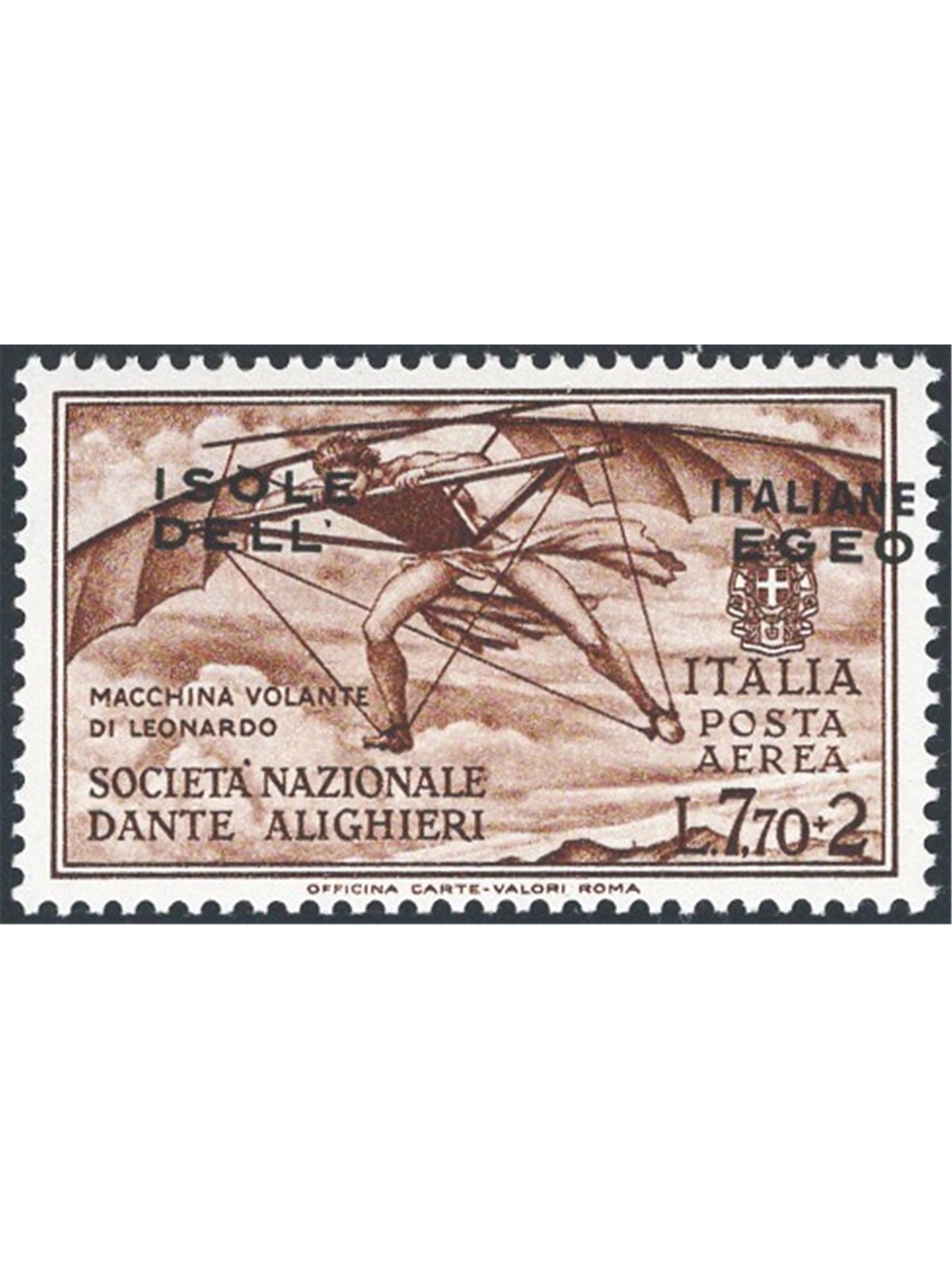 Aegean 1932 Dante P.A. 7.70 with oblique overprint no. 12a. Signed by Chia. Cat. €210 (**)