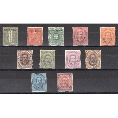Eritrea 1893 Umberto I soprast. serie n° 1/11 Cert. Biondi Cat. € 2.750 (*)