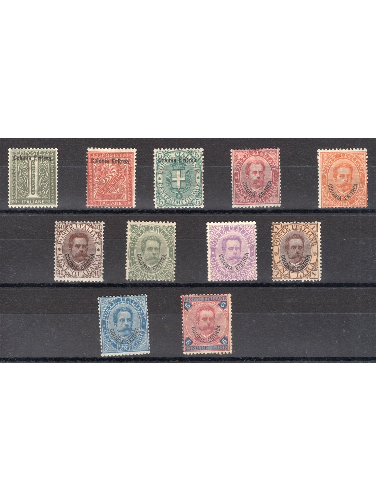 Eritrea 1893 Umberto I overprint series No. 1/11 Biondi Certificate Cat. €2,750 (*)