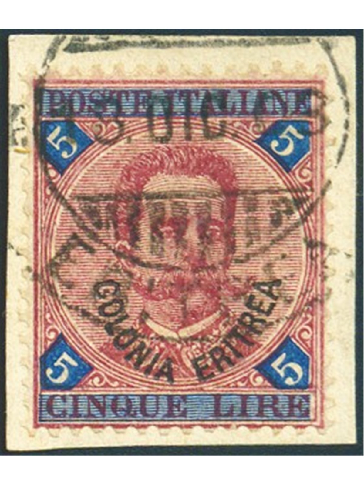 Eritrea 1893 Umberto I 5 £ overprint series no. 11 on fragment certified by Biondi catalogue price €800+ (Fr)