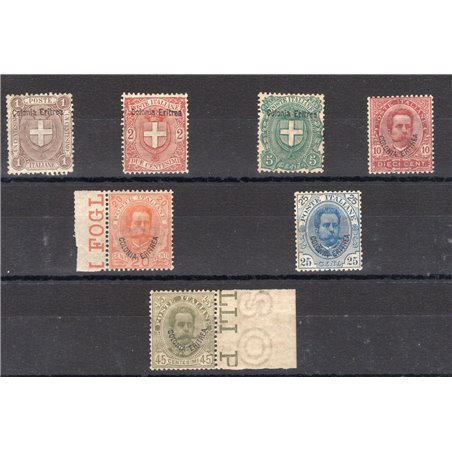 Eritrea 1895/99 Soprast. serie n° 12/18 con ottima centratura Cert. Biondi Cat. € 1.270 (**)