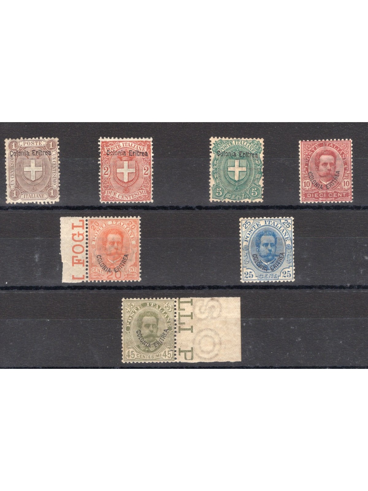 Eritrea 1895/99 Soprast. serie n° 12/18 con ottima centratura Cert. Biondi Cat. € 1.270 (**)