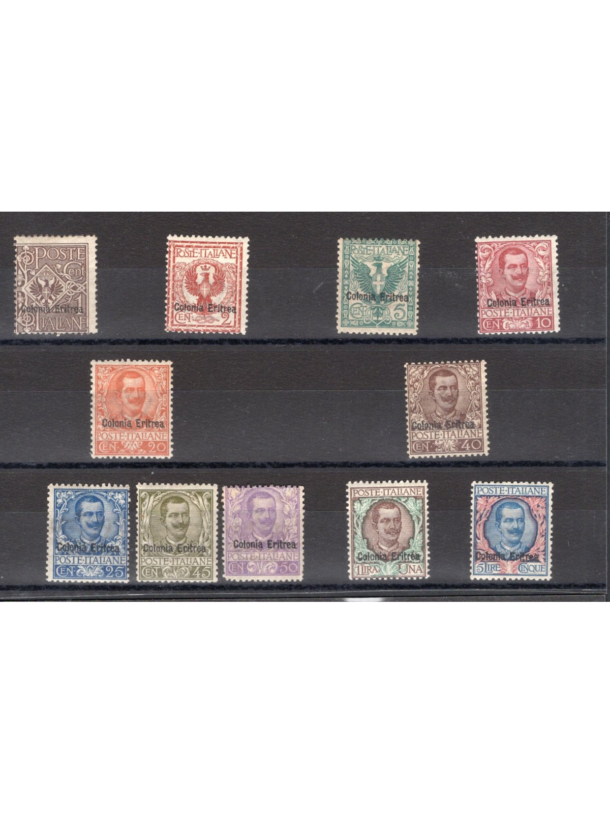 Eritrea 1903 Floreale soprast. serie n° 19/29 in buono stato di conservazione Cert. CiBaFil Cat. € 1.800 (*)