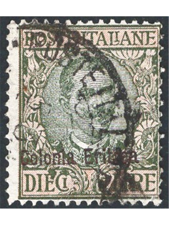 Eritrea 1916 Floreale 10 £ soprast. n° 40 Cert. CiBaFil Cat. € 1.150 (U)