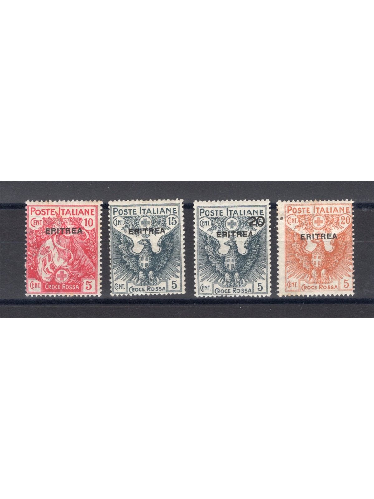 Eritrea 1916 Red Cross series no. 41/44 with excellent centring Biondi certificate Cat. €800 (**)