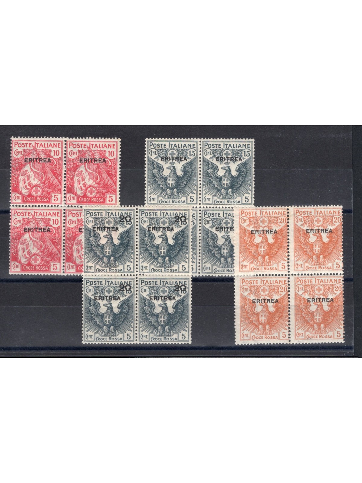 Eritrea 1916 Croce Rossa serie n° 41/44 in quartina Cert. Biondi Cat. € 1.800+ (**)