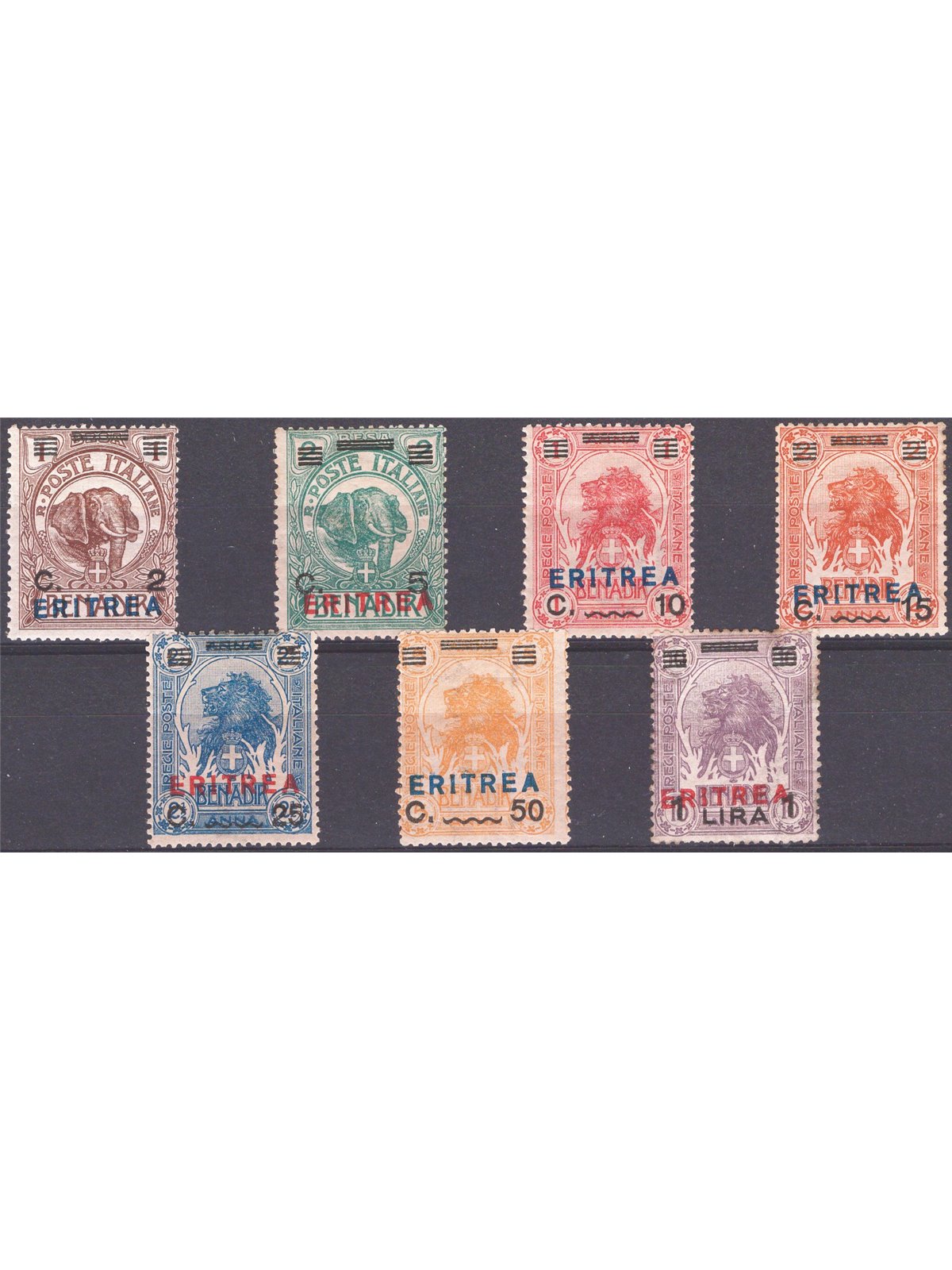 Eritrea 1924 Soprast. in vari colori serie n° 80/86 Cat. € 120 (*)