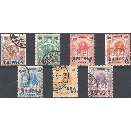 Eritrea 1924 Soprast. in vari colori serie n° 80/86 Cat. € 180 (U)