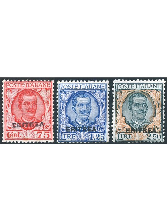 Eritrea 1926 Floral overprint series nos. 113/15 with excellent centring Biondi Cert. Cat. €4,950 (**)