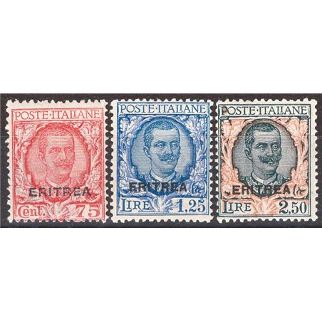 Eritrea 1926 Floral overprint series no. 113/15 Biondi Cert. Cat. € 1,650 (**)
