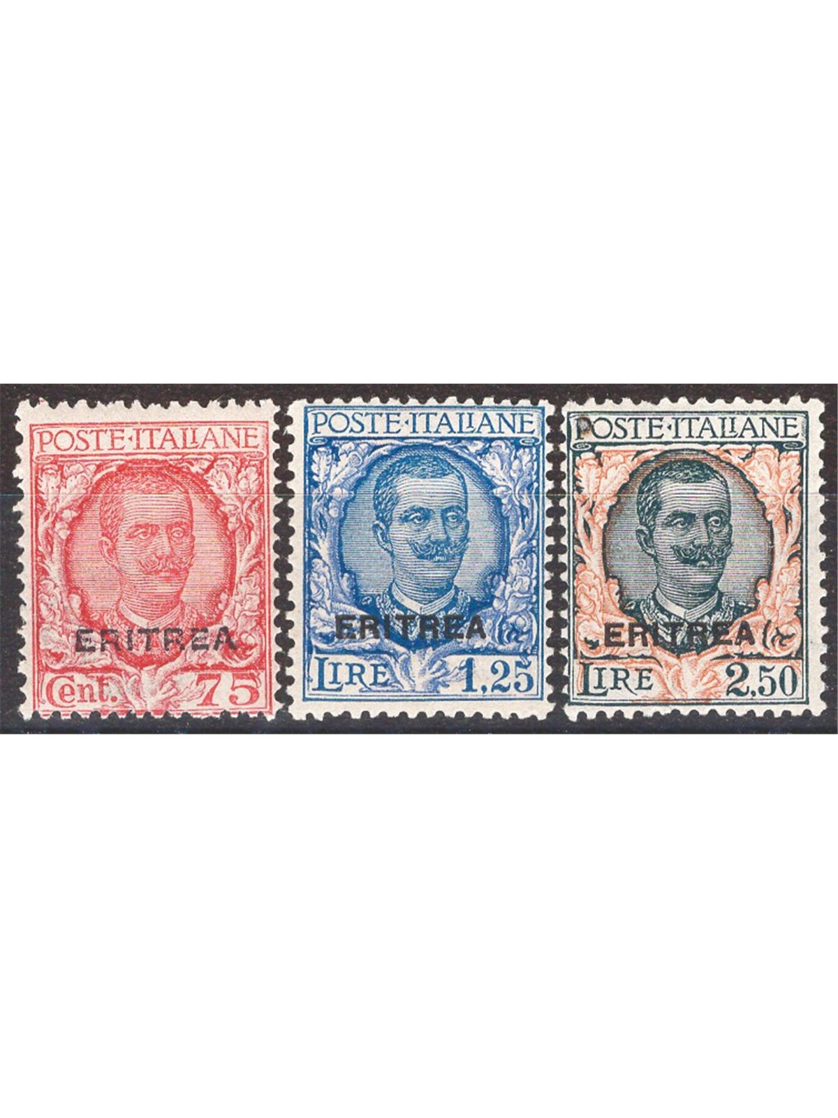 Eritrea 1926 Floral overprint series no. 113/15 Biondi Cert. Cat. € 1,650 (**)