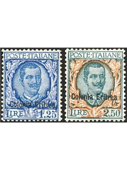 Eritrea 1928/29 Soprast. serie n° 123/27 con ottima centratura Cert. Biondi Cat. € 5.000 (**)