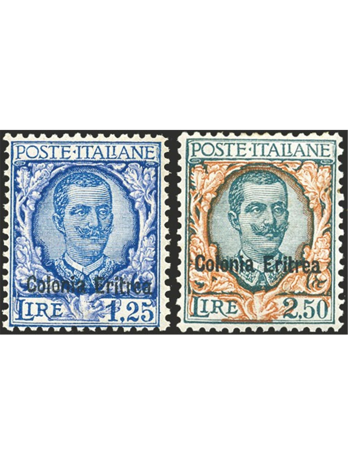 Eritrea 1928/29 Soprast. serie n° 123/27 con ottima centratura Cert. Biondi Cat. € 5.000 (**)