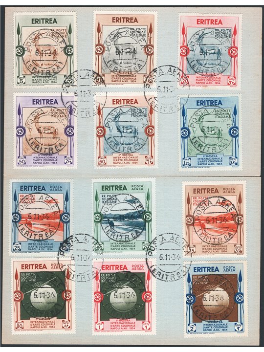 Eritrea 1934 Mostra coloniale su due cartoncini serie n° 220/25 + P.A. 1/6 Cat. € 400 (U)