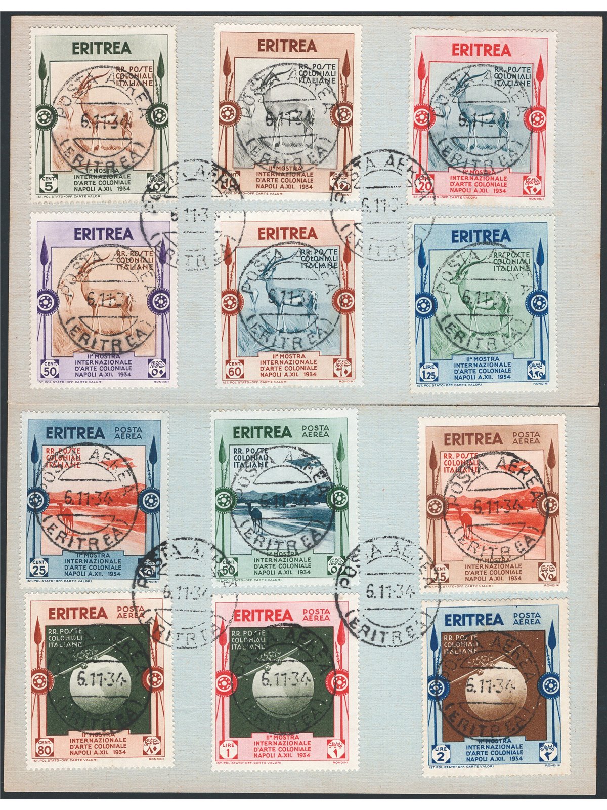 Eritrea 1934 Mostra coloniale su due cartoncini serie n° 220/25 + P.A. 1/6 Cat. € 400 (U)