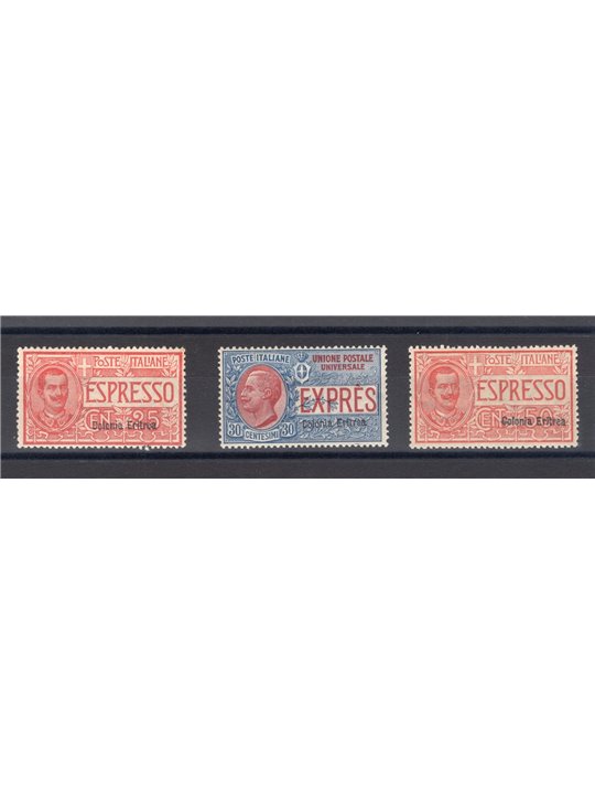 Eritrea 1907/21 Express overprinted series no. 1/3 with excellent centring Cert. Biondi Cat. € 1,600 (** )