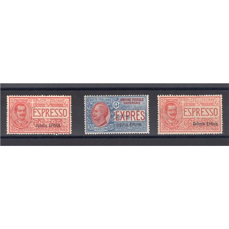 Eritrea 1907/21 Express overprinted series no. 1/3 with excellent centring Cert. Biondi Cat. € 1,600 (** )
