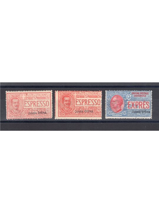Eritrea 1907/21 Espressi soprast. serie n° 1/3 Cert. Biondi Cat. € 800 (**)