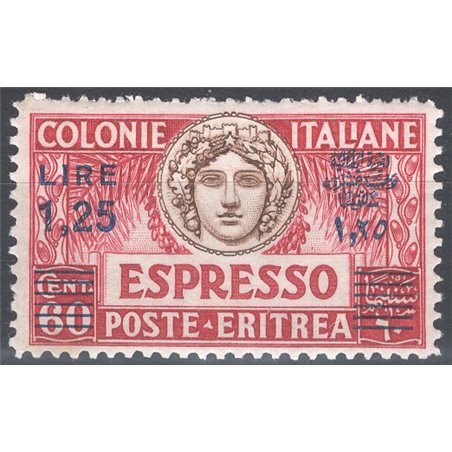 Eritrea 1935 Espresso 1,25 £ su 60 carminio e bruno soprast. n° 9 con ottima centratura Cat. € 130 (**)