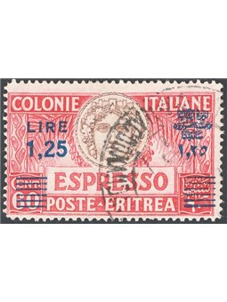 Eritrea 1937 Espresso Italia Turrita 1,25 £ su 60 rosso e bruno soprast. con solo filigrana lettere n° 11d. Firm. Chia Cat. € 79