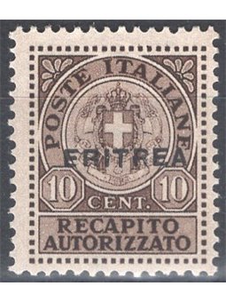 Eritrea 1939 Authorised delivery 10 c. brown overprint no. 1 Cat. €125 (**)