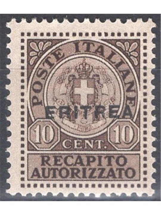 Eritrea 1939 Recapito autorizzato 10 c. bruno soprast. n° 1 Cat. € 125 (**)