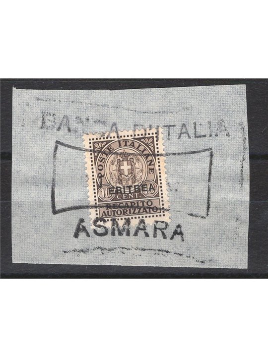 Eritrea 1939 Authorised delivery 10 c. brown overprint on fragment with complete cancellation no. 1 Cat. €100 (Fr)