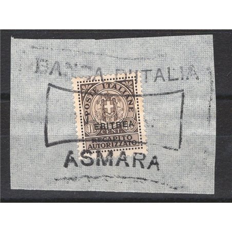 Eritrea 1939 Authorised delivery 10 c. brown overprint on fragment with complete cancellation no. 1 Cat. €100 (Fr)