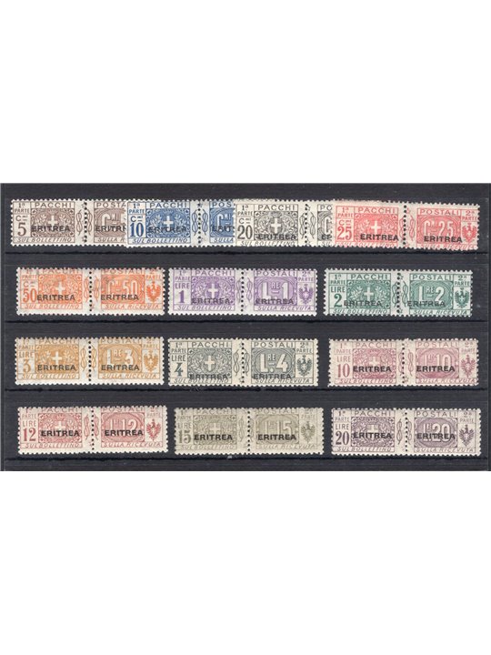 Eritrea 1917/24 Pacchi postali soprast. con caratteri grandi serie n° 9/21 Cert. CiBaFil Cat. € 3.000 (**)