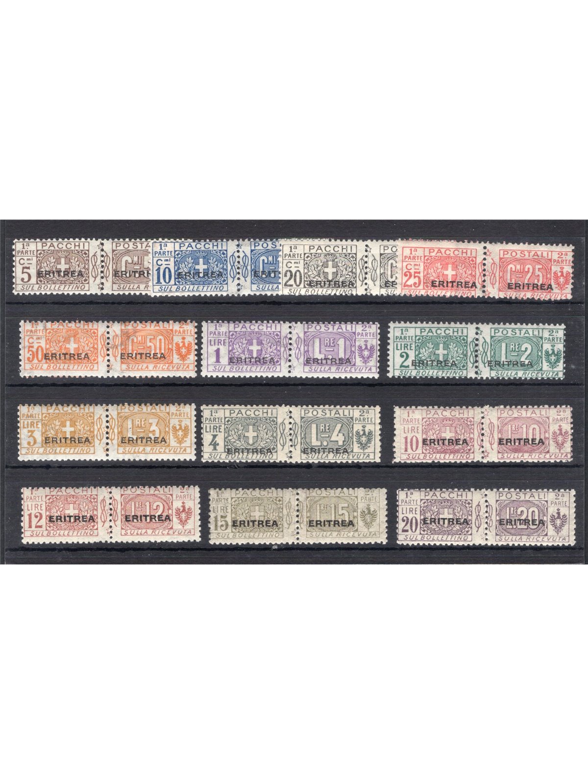 Eritrea 1917/24 Postal parcels overprinted in large type series no. 9/21 CiBaFil Certified Catalogue € 3,000 (**)