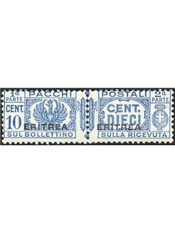 Eritrea 197 Pacchi postali 10 c. azzurro con soprast. in caratteri grandi n° 22 Cert. Biondi Cat. € 18.000 (**)