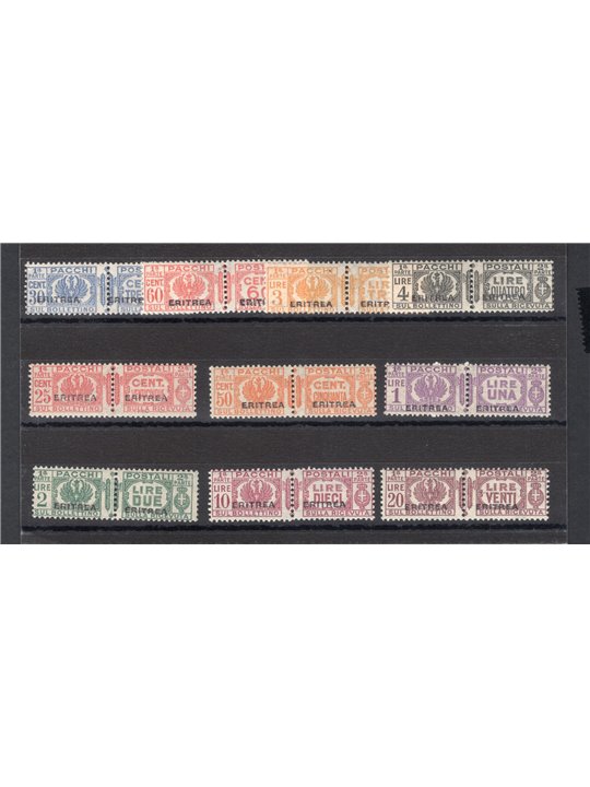 Eritrea 1927/37 Pacchi postali con soprast. serie n° 23/32. Firm. AD ED Cert. Biondi Cat. € 9.000 (**)