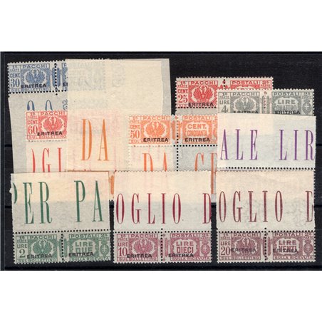 Eritrea 1927/37 Pacchi postali con soprast. serie n° 23/32 quasi tutti bordo di foglio. Firm. AD ED Cert. Biondi Cat. € 9.000 (*