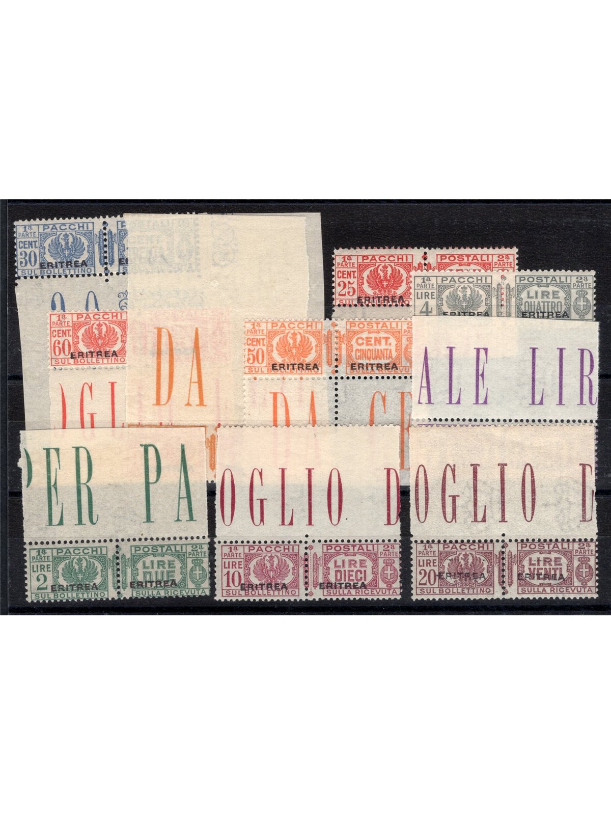 Eritrea 1927/37 Pacchi postali con soprast. serie n° 23/32 quasi tutti bordo di foglio. Firm. AD ED Cert. Biondi Cat. € 9.000 (*