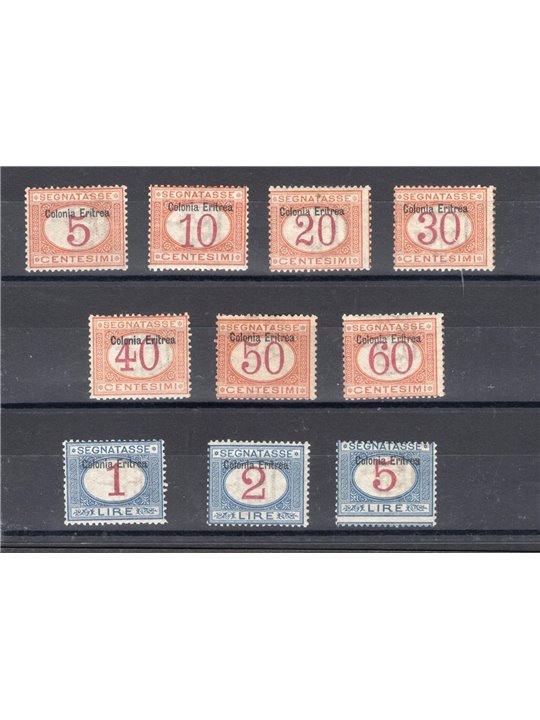 Eritrea 1903 Segnatasse soprast. serie n° 1/10 Cert. Biondi Cat. € 3.000 (**)