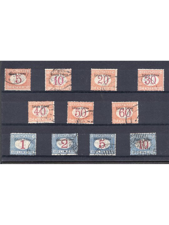 Eritrea 1903 Segnatasse con soprast. e buona centratura serie n° 1/11 Cert. Biondi Cat. € 2.450 (U)