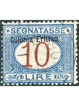 Eritrea 1903 10 £ tax stamp light blue and carmine with overprint at the top no. 11 Biondi certified Cat. €1,100 (U)