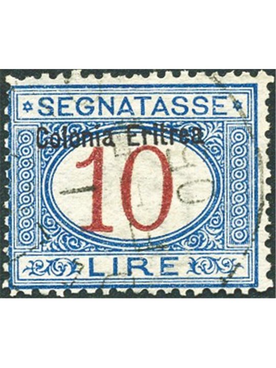 Eritrea 1903 Segnatasse 10 £ azzurro e carminio con soprast. in alto n° 11 Cert. Biondi Cat. € 1.100 (U)