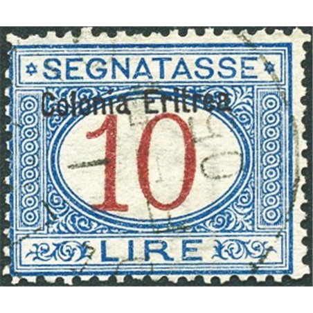 Eritrea 1903 Segnatasse 10 £ azzurro e carminio con soprast. in alto n° 11 Cert. Biondi Cat. € 1.100 (U)