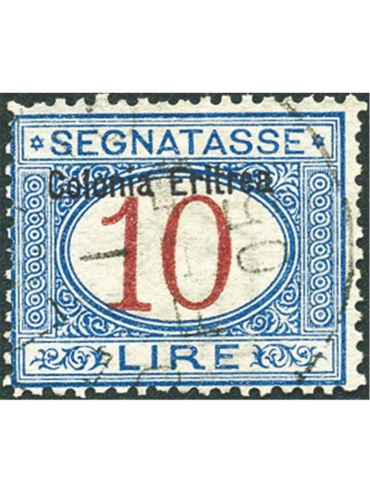 Eritrea 1903 Segnatasse 10 £ azzurro e carminio con soprast. in alto n° 11 Cert. Biondi Cat. € 1.100 (U)