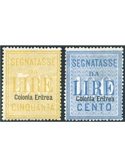 Eritrea 1903 Segnatasse 50 £ e 100 £ soprast. serie n° 12/13 Cert. Biondi Cat. € 4.000 (**)