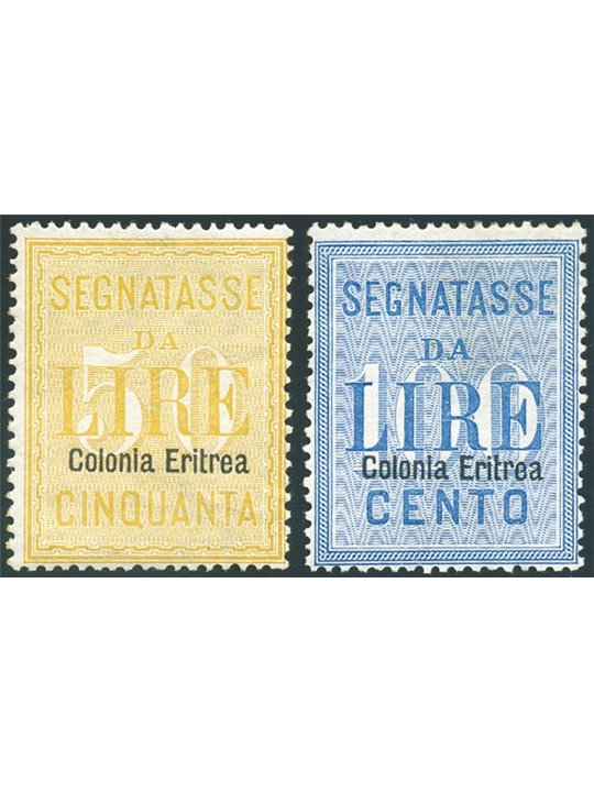 Eritrea 1903 Segnatasse 50 £ e 100 £ soprast. serie n° 12/13 Cert. Biondi Cat. € 4.000 (**)