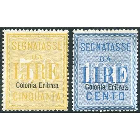 Eritrea 1903 Segnatasse 50 £ e 100 £ soprast. serie n° 12/13 Cert. Biondi Cat. € 4.000 (**)