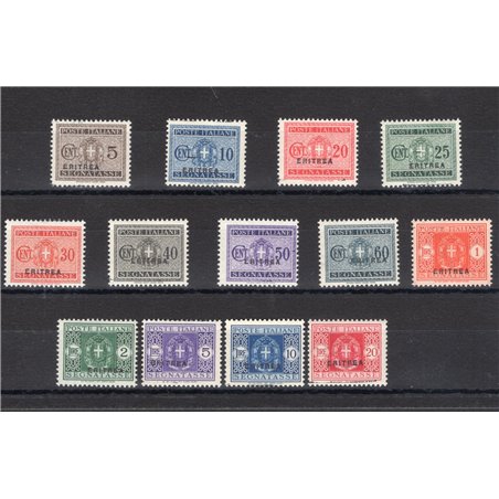 Eritrea 1934 Segnatasse soprast. serie n° 26/38 Cert. Biondi Cat. € 600 (**)