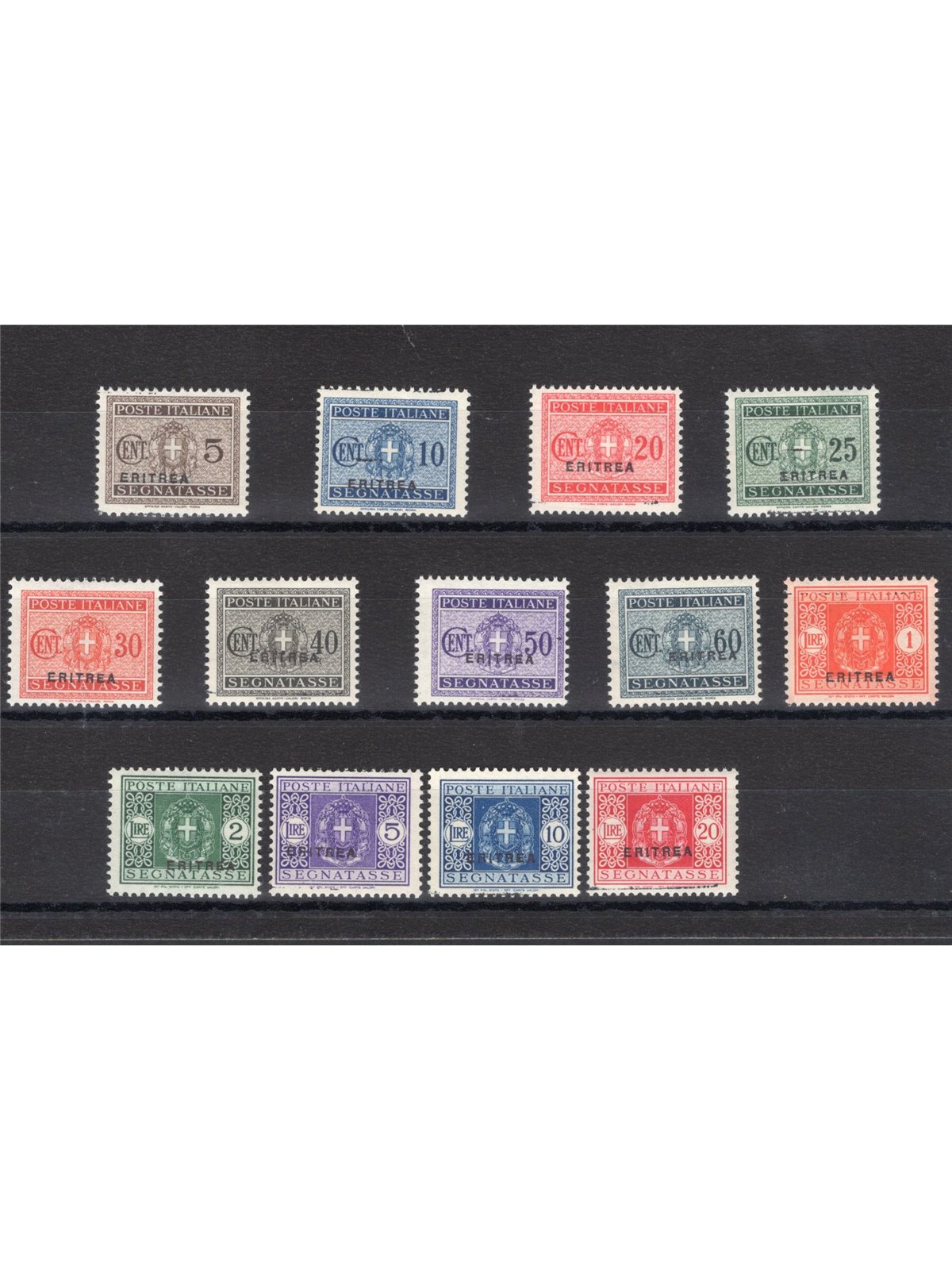 Eritrea 1934 Segnatasse soprast. serie n° 26/38 Cert. Biondi Cat. € 600 (**)