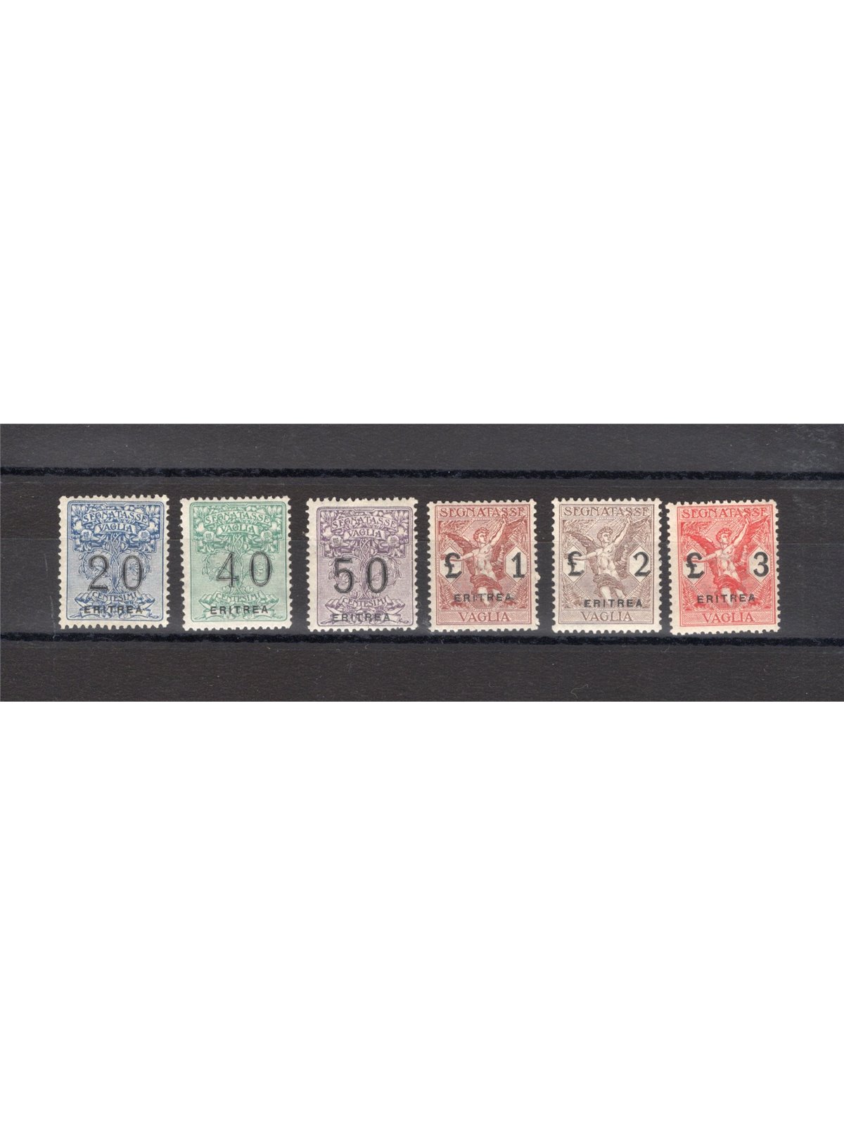 Eritrea 1924 Overprinted money order revenue stamp series no. 1/6 CiBaFil Cert. Cat. €600 (* )